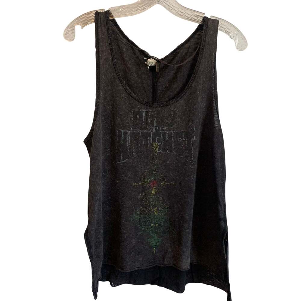 We The Free Womens XS Black Distressed Graphic Tank Top Boho Grunge Raw Hem